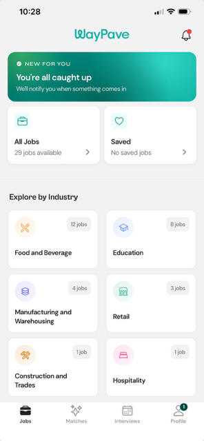 WayPave home feed showing a job listing and industry filters