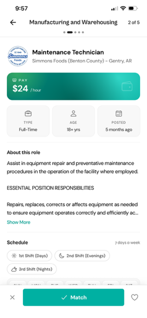 Job details screen showing pay, schedule, and a heart icon to save the job