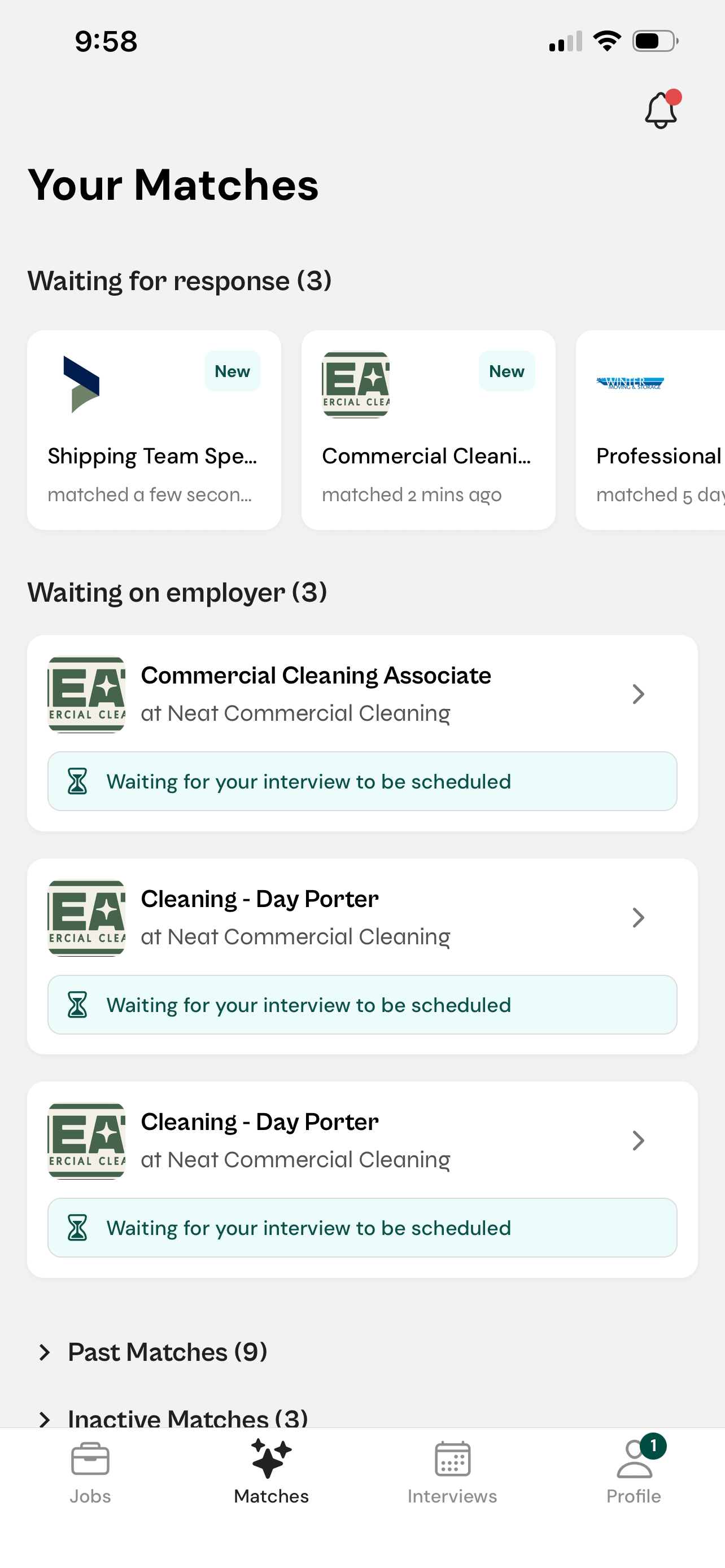 Your Matches screen listing pending matches and interview status